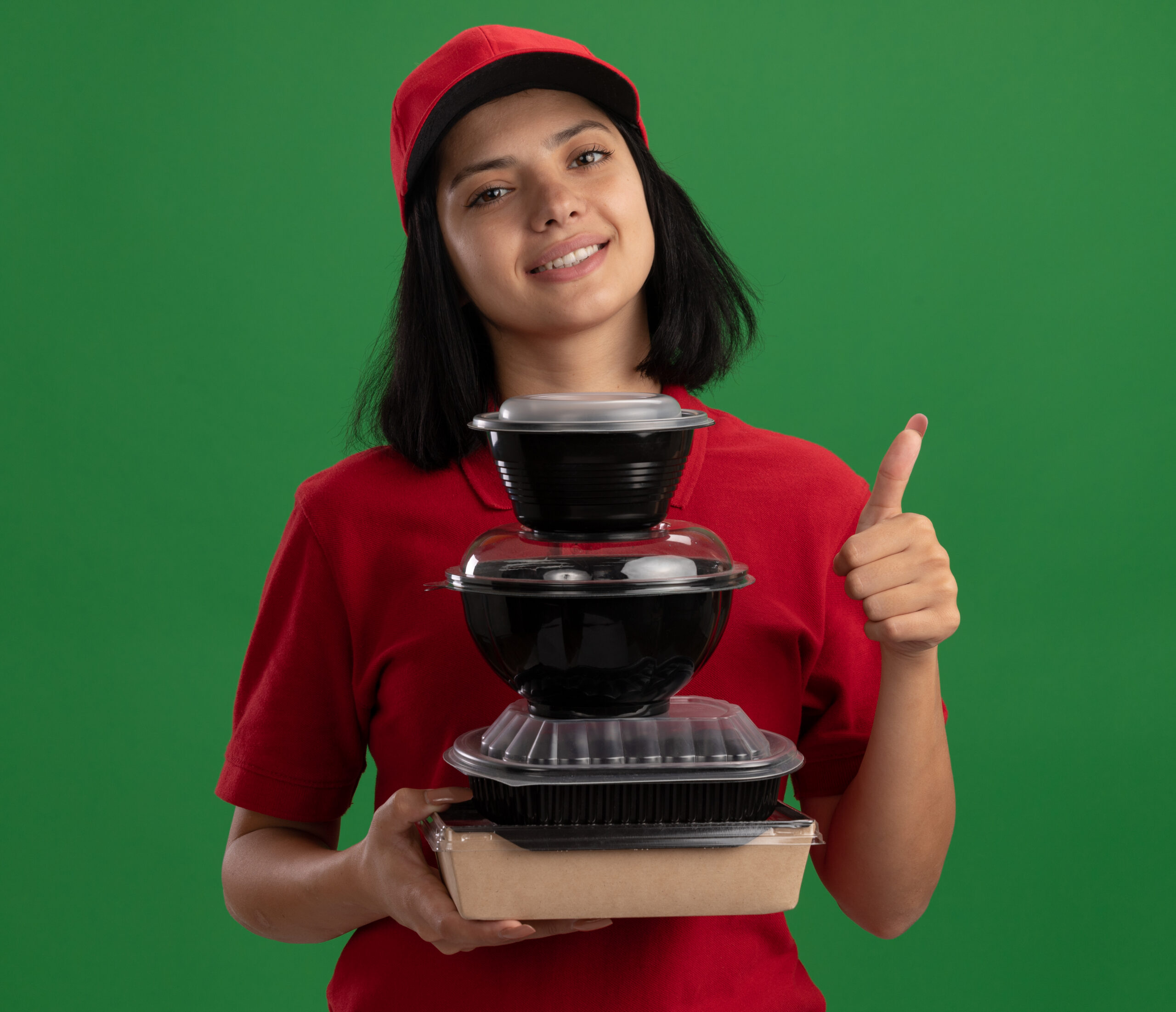 happy young delivery girl in red uniform and cap holding stack of food packages looking at camera smiling friendly showing thumbs up standing over green background